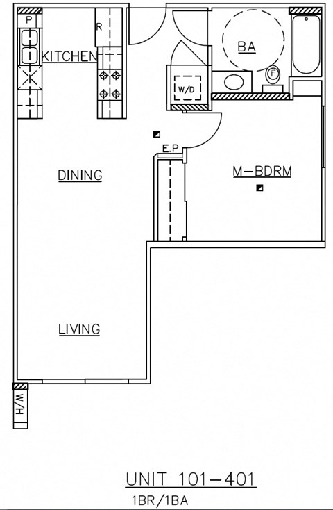 Floor plan for 1 bed, 1 bath, 651 sqft